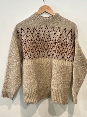 Lush Crewneck Sweater with Brown and Burgundy Fair Isle